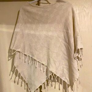 Hand knit White Crocheted Poncho Knitted